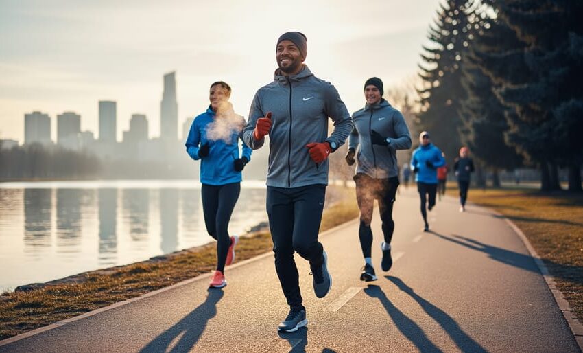 Diverse beginner runners in layered cold-weather gear jogging on a riverside park path at sunrise, with a blurred city skyline and evergreen trees behind them.