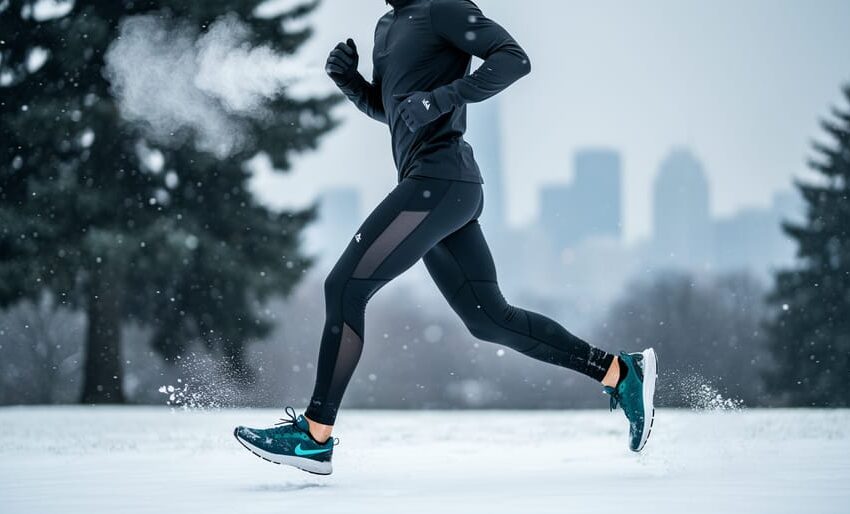 Runner wearing black fleece-lined compression running tights with windproof thigh and knee panels, captured mid-stride on a snowy park path with visible breath, evergreens and a faint city skyline softly blurred behind, in bright overcast winter light.