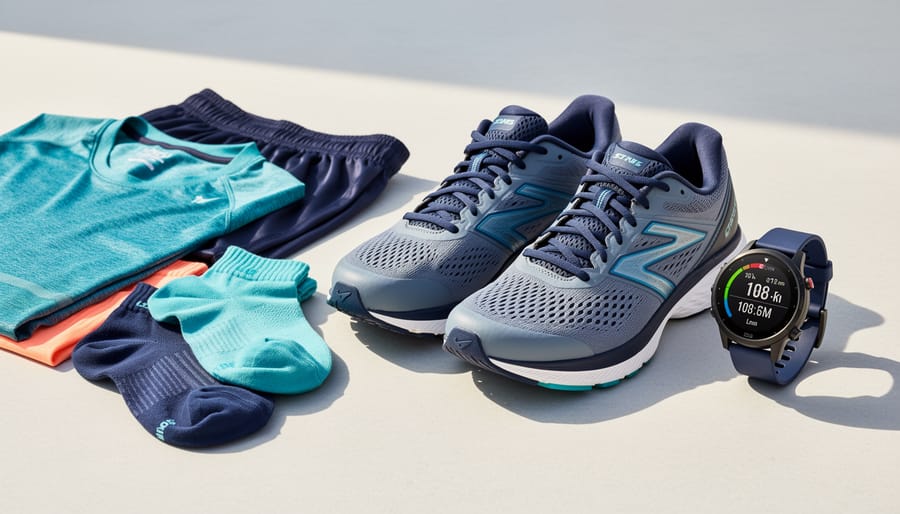 Running shoes, watch, and technical running shirt arranged on wooden surface