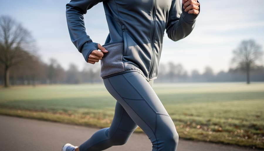 Close-up of runner wearing fleece-lined winter running tights showing fabric detail