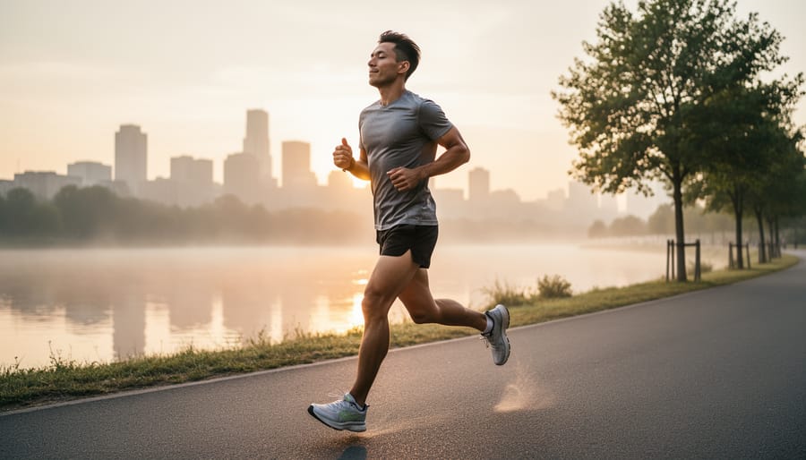 Close-up of runner's peaceful face in profile with eyes closed showing serene expression