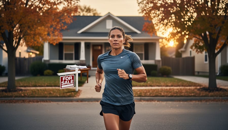 Runner training on tree-lined trail during autumn season