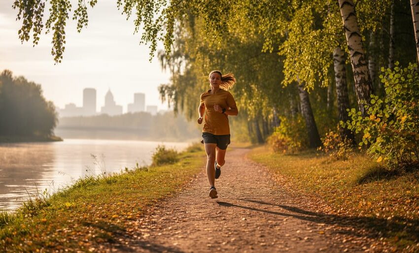 Solo runner mid-stride on a riverside forest trail at golden hour, warm side light, softly blurred maple and birch trees, sparkling river, and faint distant skyline.