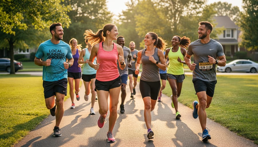 Group of diverse runners jogging together on outdoor trail