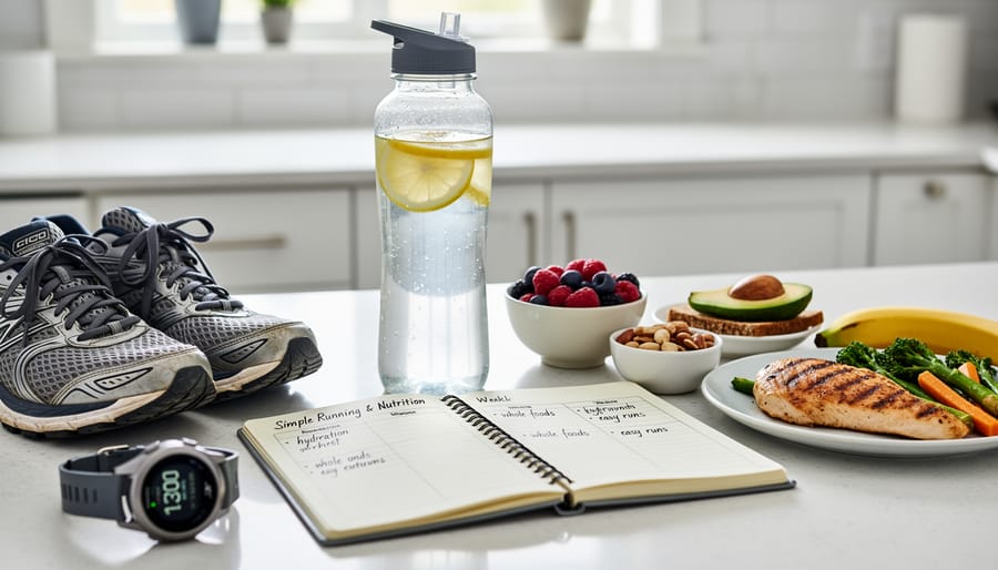 Runner's hand holding smartphone with training app next to water bottle and banana
