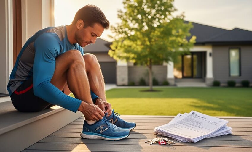 Runner in athletic gear tying shoelaces on a front porch next to house keys and an unlabeled stack of documents, with a modern Canadian suburban home and maple tree softly blurred in warm sunrise light.