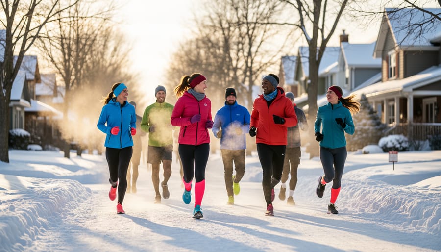 Group of diverse runners in winter running gear standing together outdoors in snowy setting