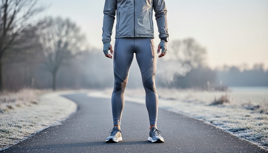Runner's legs in black thermal running tights running on snowy winter trail