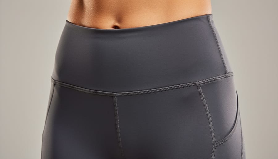 Close-up of a woman adjusting winter running tights waistband with visible seam and fleece texture.