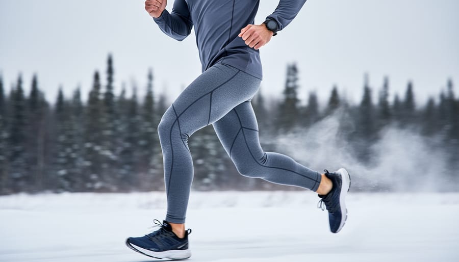 Female runner wearing winter running tights running on a snowy path with winter trees in the background.