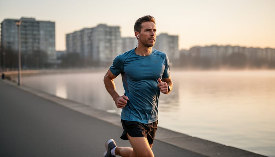 Runner alone on a morning path with visible breath and sunrise light in the distance