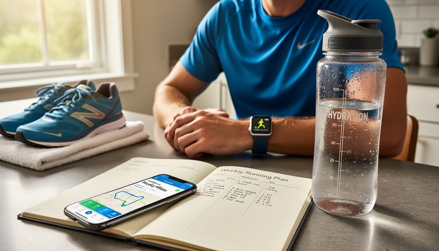 Running shoes and smartwatch beside water on a kitchen counter for training readiness