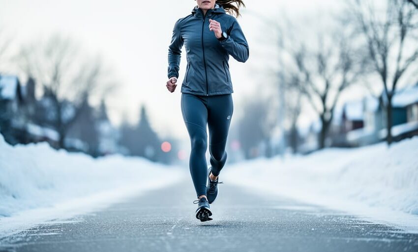 Woman runner wearing winter running tights on icy pavement in a snowy Canadian park.