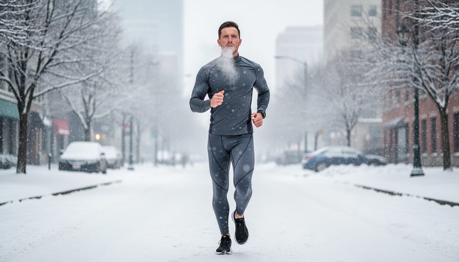 Woman holding winter running tights outdoors as light snow falls in a snowy park.