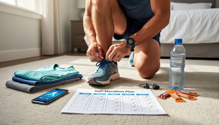 A runner tying shoelaces on a park path before beginning training