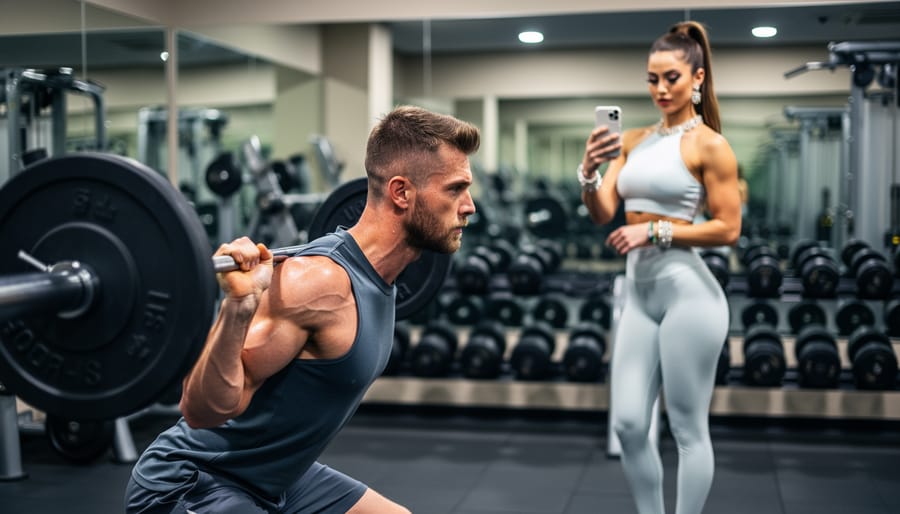 Athlete performing a controlled bodyweight squat with side lighting in a modern gym, other gym equipment blurred behind