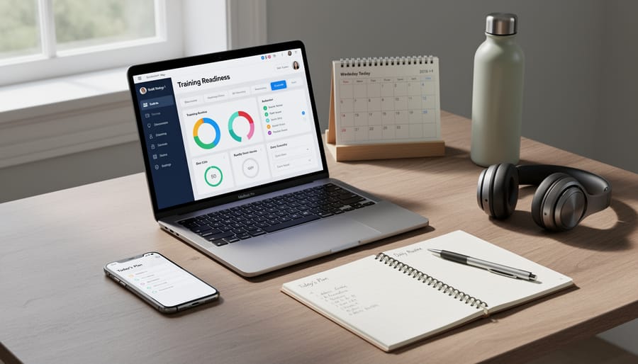 Close-up of a sports watch and open training log notebook on a desk