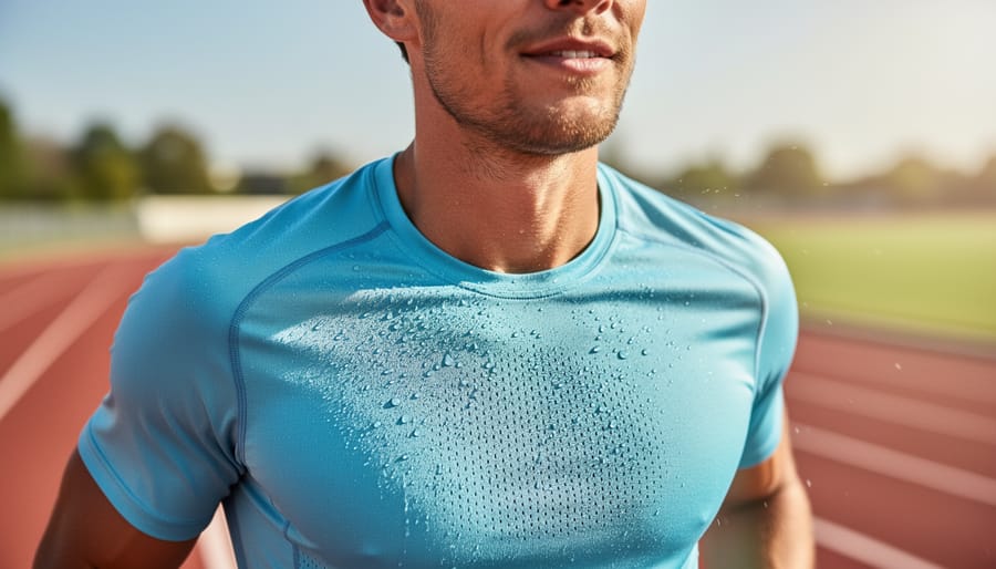 Close-up of moisture beads on the fabric of a tech running shirt