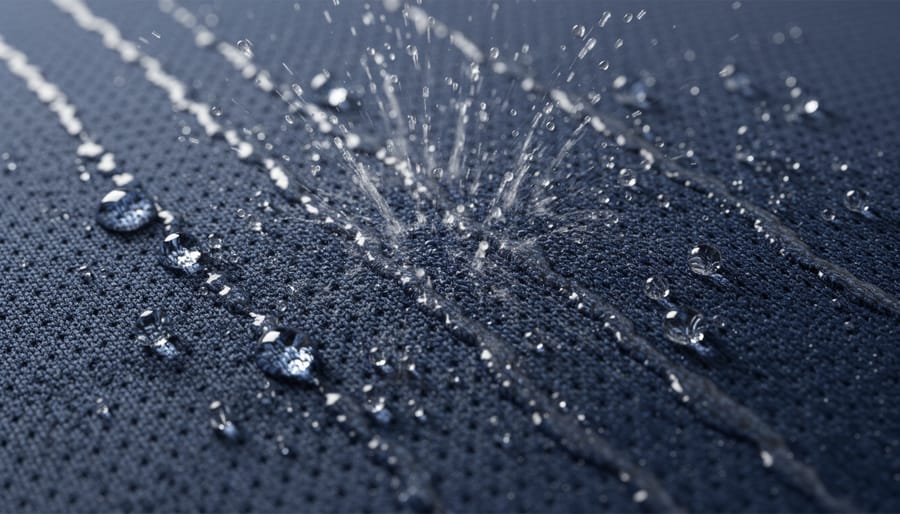 Close-up of technical running shirt fabric with sweat-like water droplets beading on it