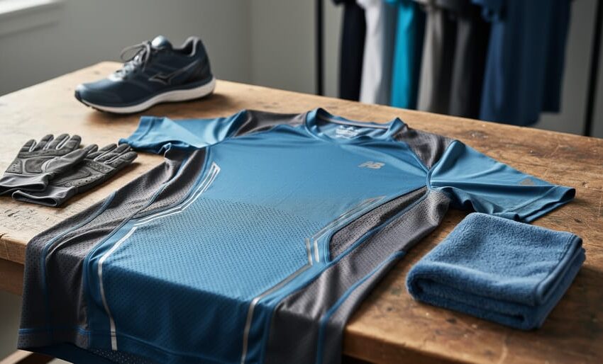Close-up of a technical running shirt with mesh ventilation and flatlock seams laid out with running accessories on a bench under soft daylight.