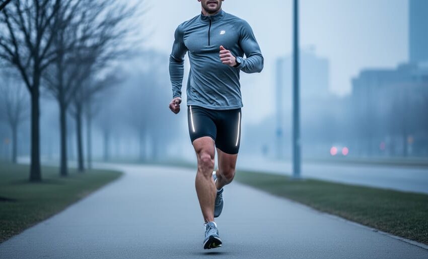 Runner wearing moisture-wicking base layer and compression shorts with reflective details during a cool early-morning run in a Canadian setting