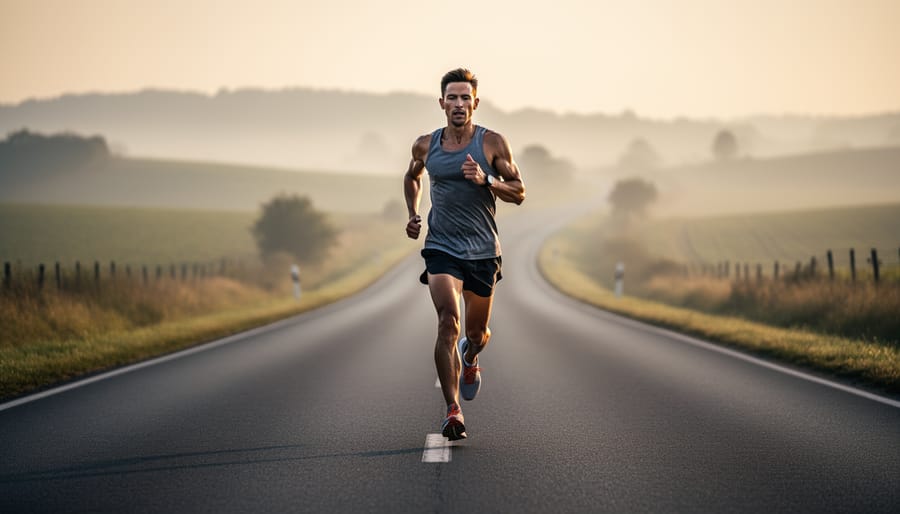 Runner jogging at golden hour on a quiet road with warm sunlight and long shadows