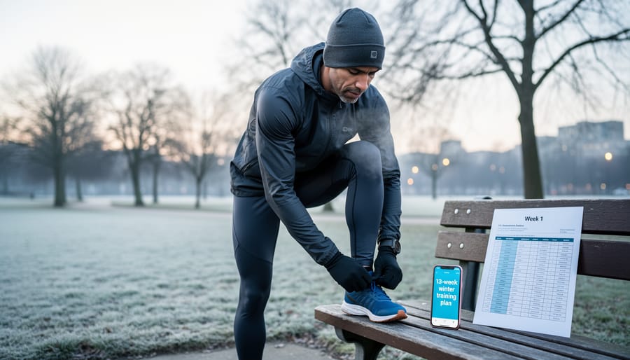 Runner lacing up running shoes in a snowy Canadian outdoor setting.