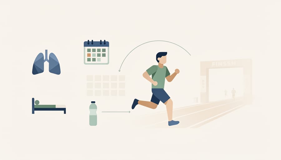 Runner resting calmly outdoors with a water bottle and watch during marathon training recovery.