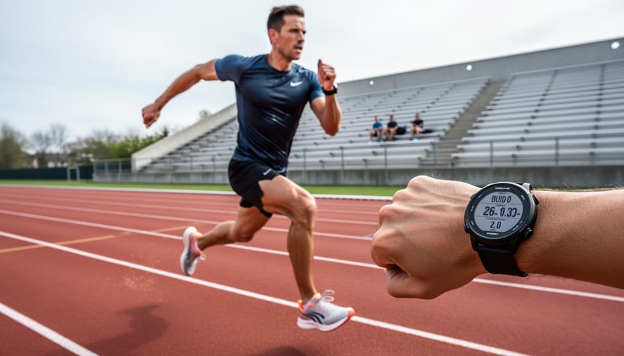Runner sprinting on an empty track during interval training.
