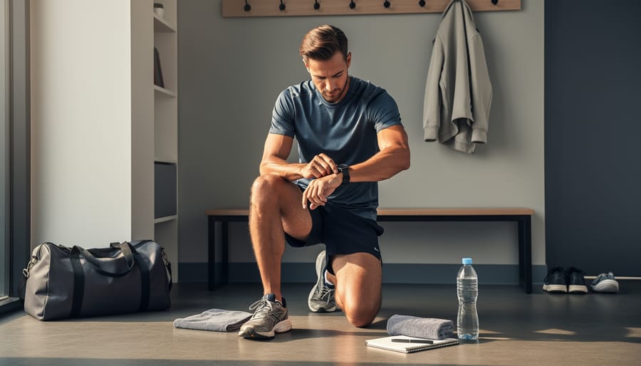 Runner tying shoelaces in a bright indoor training space with fitness equipment softly blurred in the background