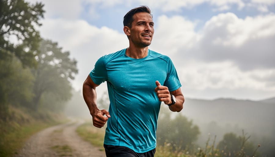 Runner wearing a tech running shirt during a run on a damp sidewalk in Canada