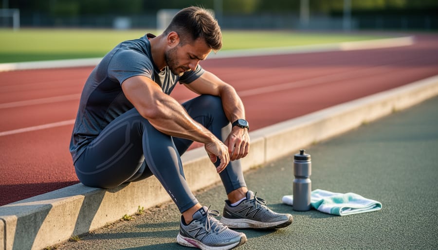 Runner wearing compression sleeves during post-run recovery outdoors
