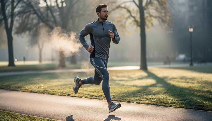 Runner wearing performance running apparel on a wet path at dawn