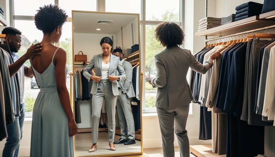 Runners comparing tech running shirts while trying them on at a store