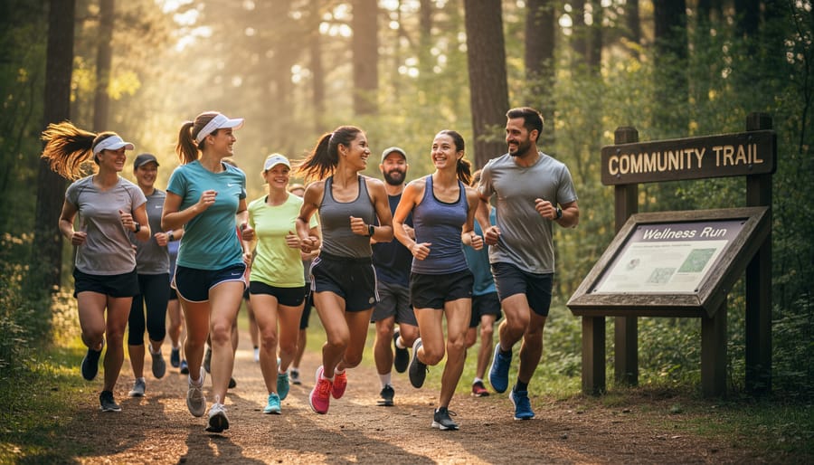 Small running group starting a run together near a trailhead with trees and path blurred in the background
