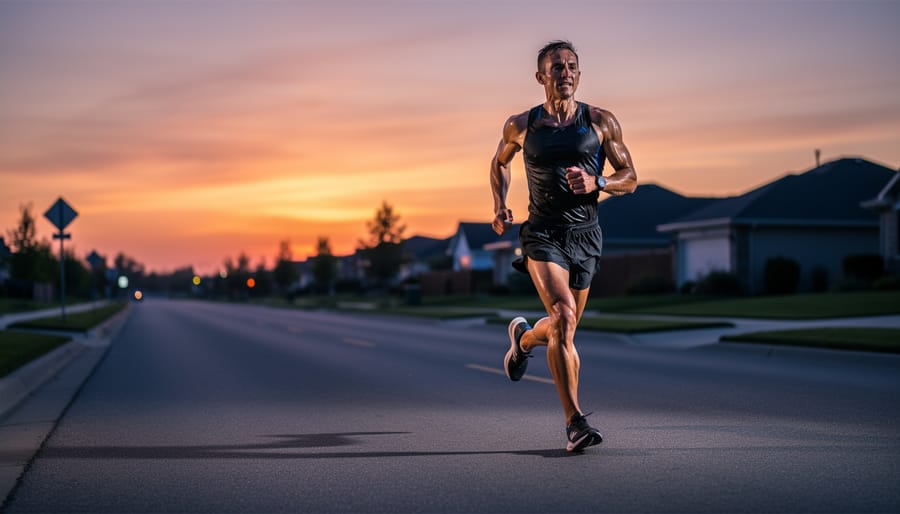 Runner on a Canadian trail at dusk, walking or jogging toward the camera from behind under golden light
