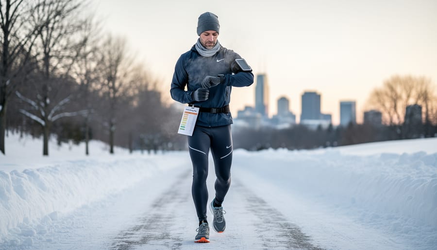 Runner tying running shoes in a snowy Canadian parking lot with winter gear nearby
