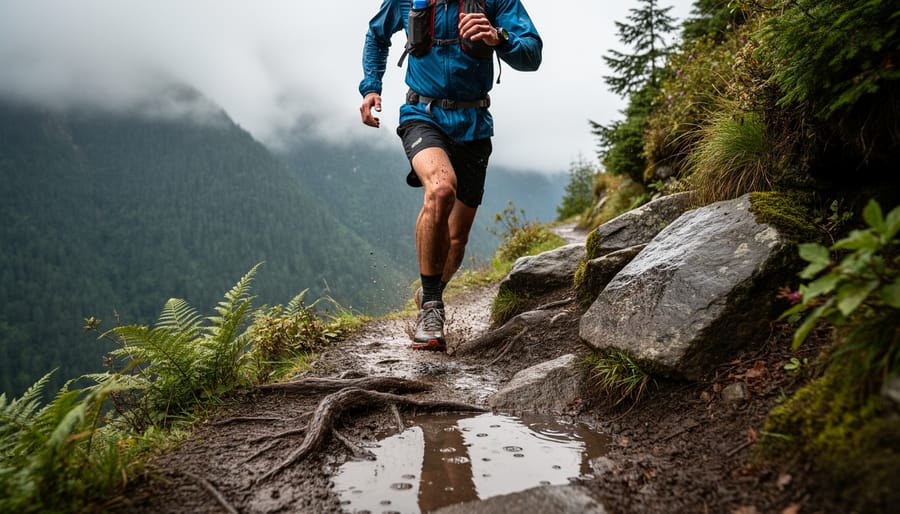 A trail runner running on a muddy root-filled path through a coastal forest