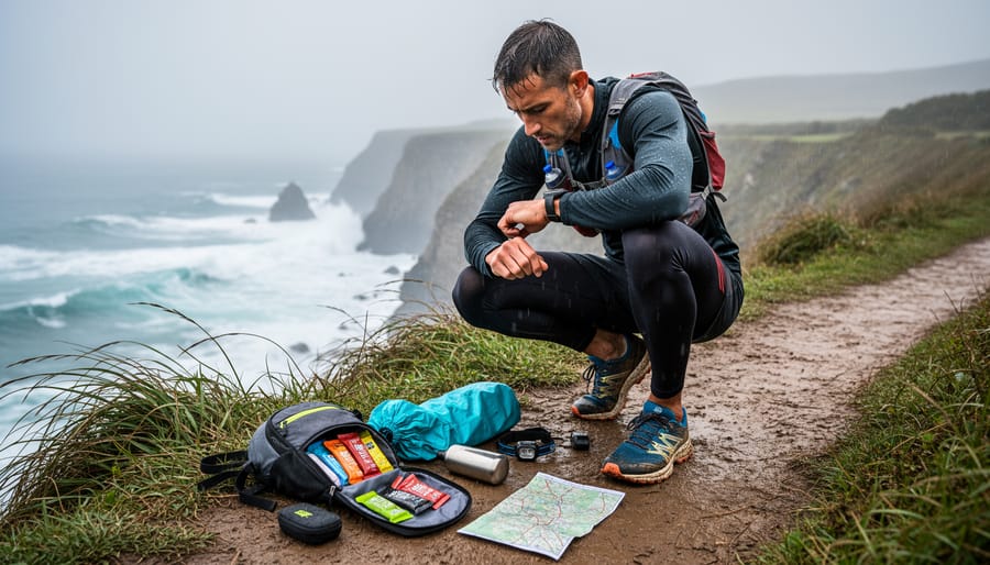 A trail runner crouching on a wet forest trail adjusting shoelaces near a hydration pack