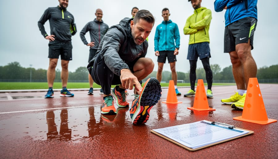 Running shoes landing on wet pavement with water splashing from the impact