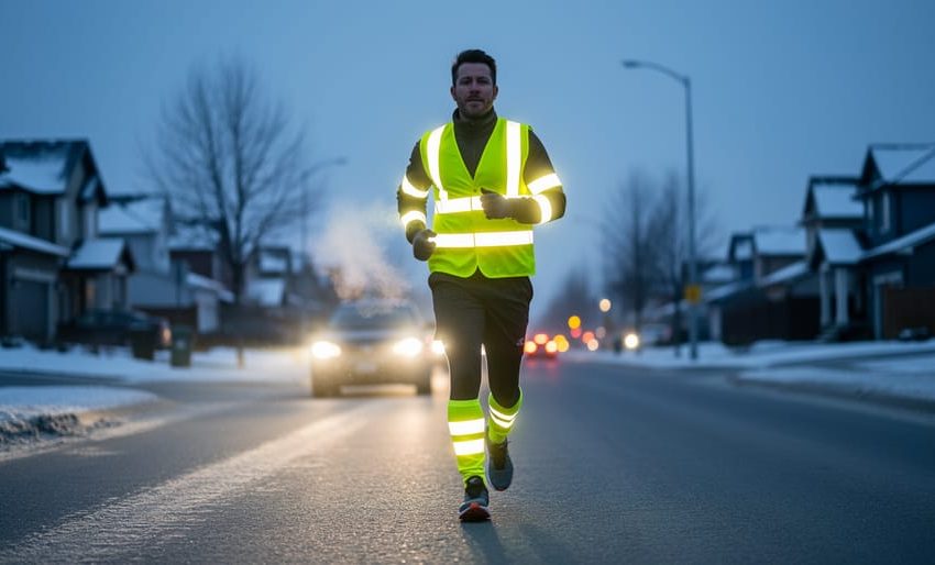 Runner wearing a reflective vest and reflective bands during an evening run, illuminated by a car’s headlights on a dark winter road