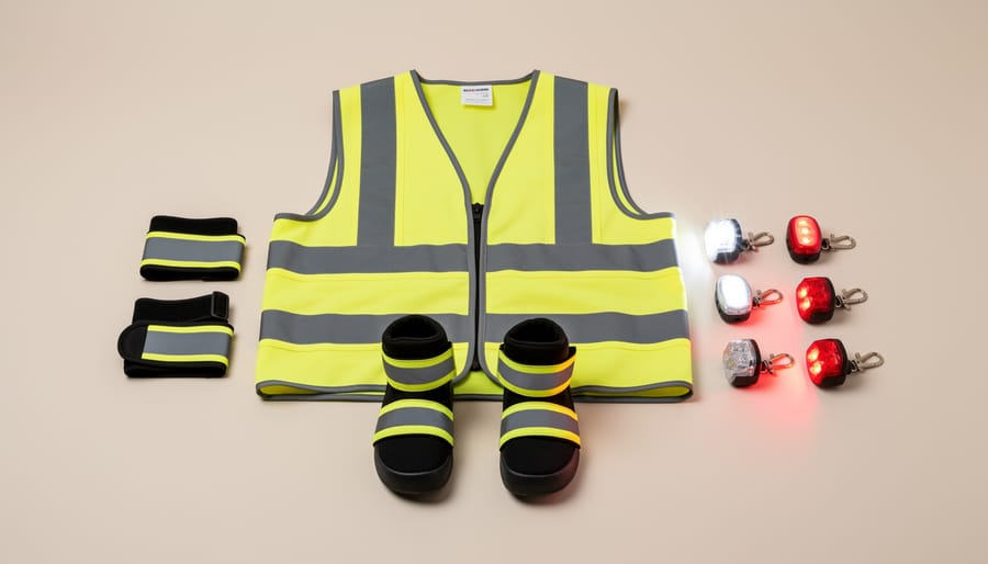 Reflective running safety gear items including a vest, ankle bands, clip-on light, and gloves laid out on a bench