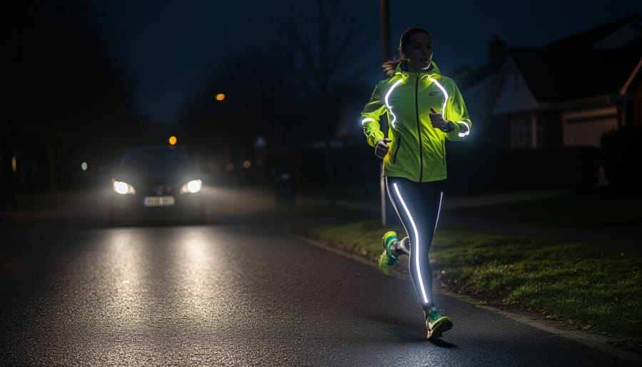Runner wearing a reflective vest and arm bands jogging on a dim sidewalk at dusk