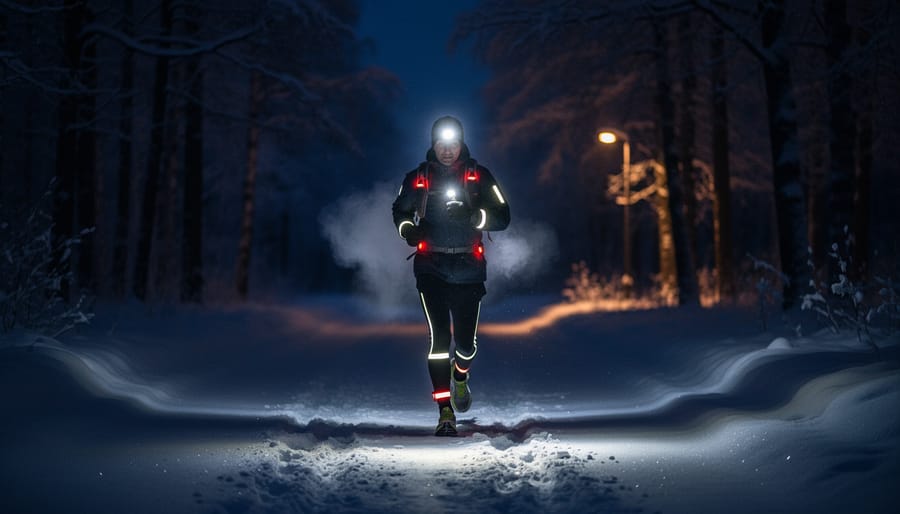 Runner on a snowy night trail wearing reflective outerwear and a front LED headlamp