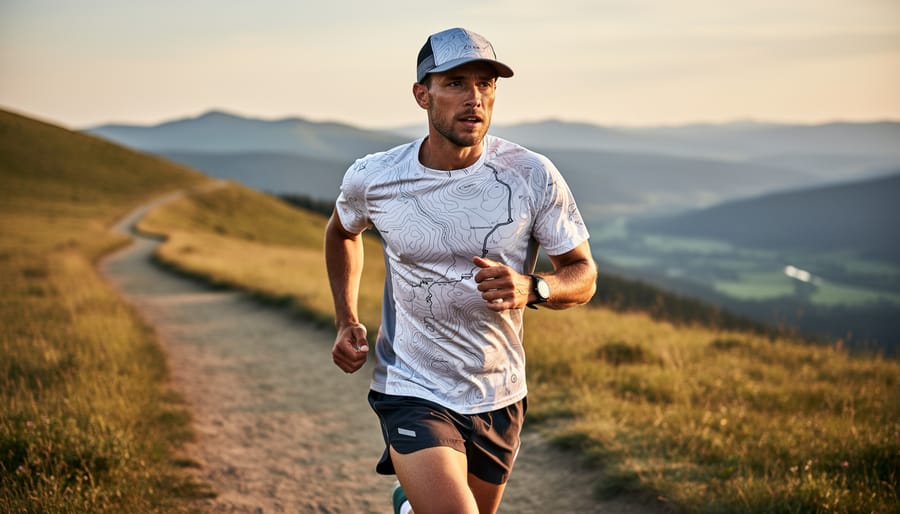 Runner holding Ciele-style map-pattern running apparel with a trail and mountains softly blurred in the background