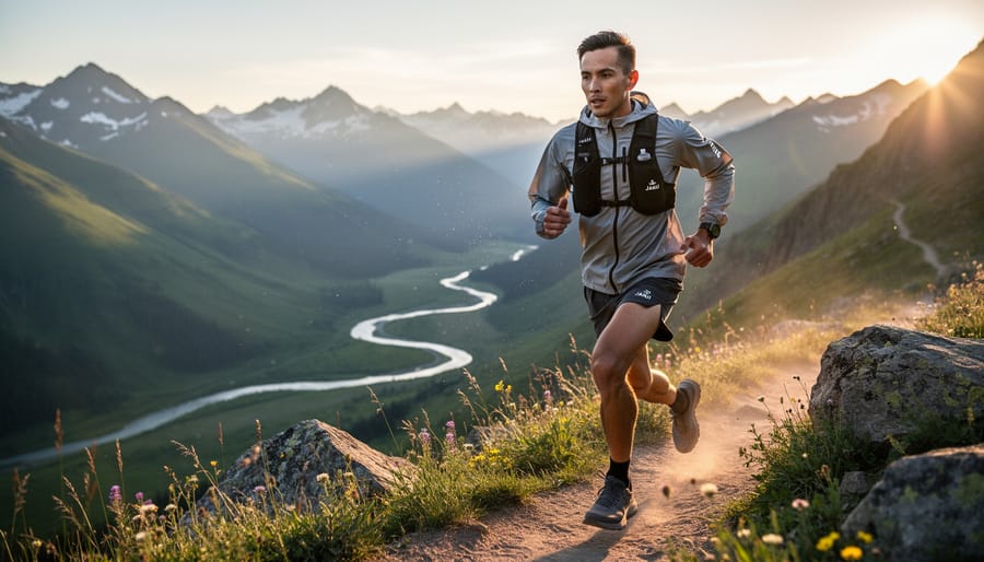 Women runner in patterned technical running apparel standing near a sunrise ocean shoreline