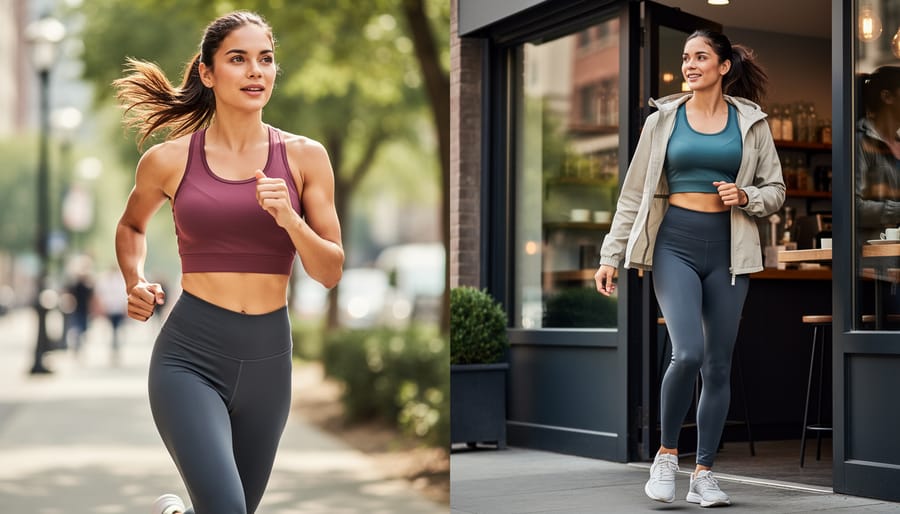 Women runner wearing sleek leakproof-style activewear and a studio-to-street bomber jacket on a city sidewalk