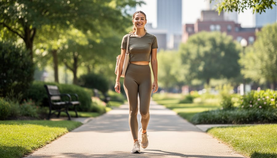 Women runner in Outdoor Voices-style knit leggings and pullover stretching in a green park