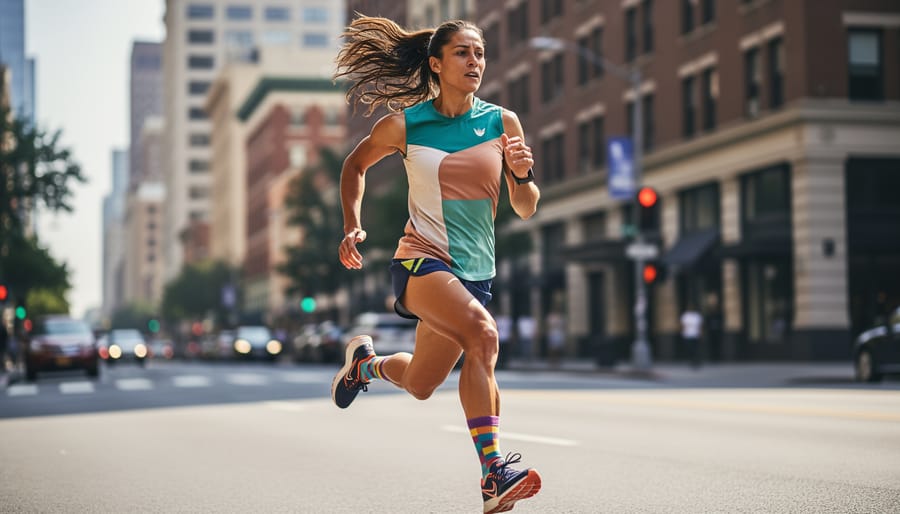 Women runner mid-stride wearing bold Rabbit-style patterned running leggings