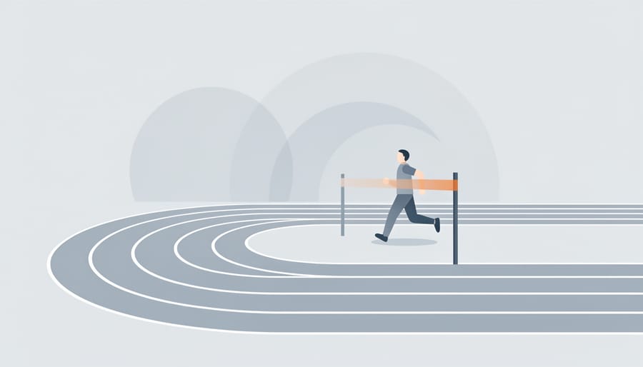Runner crossing a finish line with arms extended while the crowd appears blurred in the background